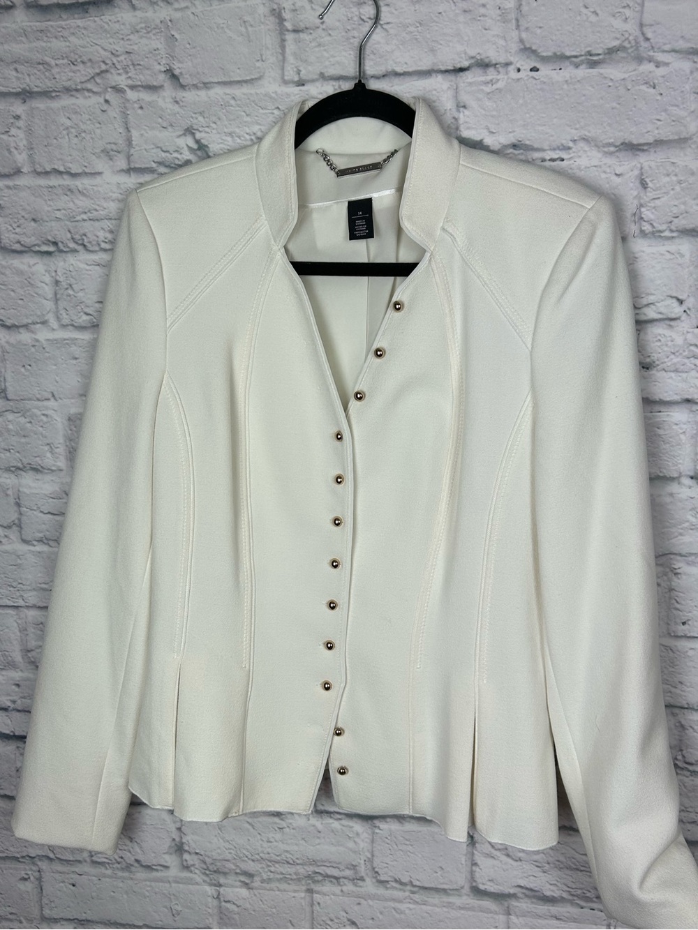 White House Black Market Size 14 Cream Military Peplum Jacket Gold Buttons